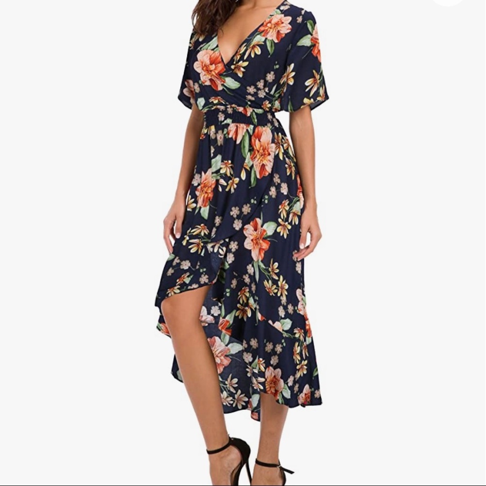 NWT Womens Short Sleeve Floral High Low V-Neck Flowy Party Long Maxi Dress - S